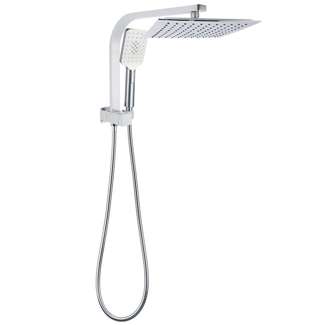 WELS Dual Square Shower Head 3 Mode Handheld Diverter Wall Arm 10" Rain Set.