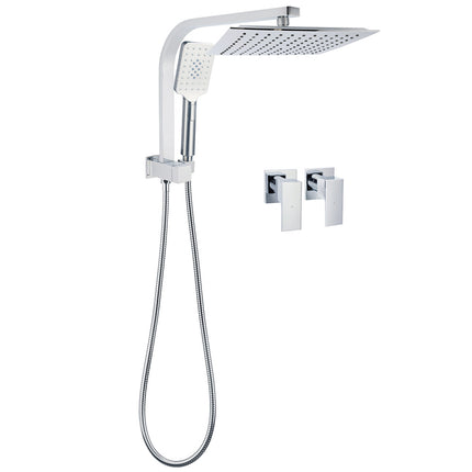 WELS Twin Square 10" Rain Shower Head 3 Mode Handheld Diverter Wall Arm Taps Valve.