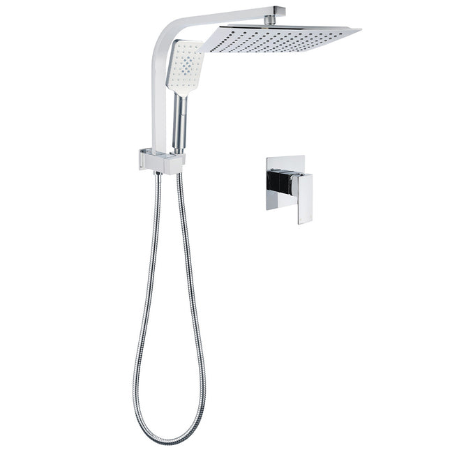 WELS Twin Square 10" Rain Shower Head 3 Mode Handheld Diverter Wall Arm Mixer Set.