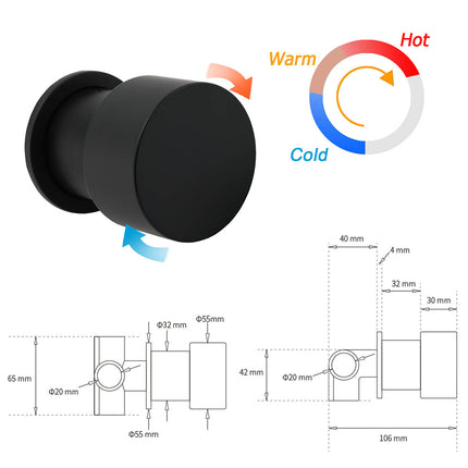 Matt Black Round Knob Concealed Shower Mixer Valve Hot Cold Water Switch Tap Kit.