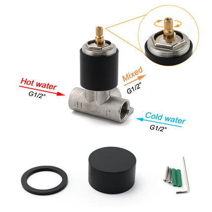 Matt Black Round Knob Concealed Shower Mixer Valve Hot Cold Water Switch Tap Kit.