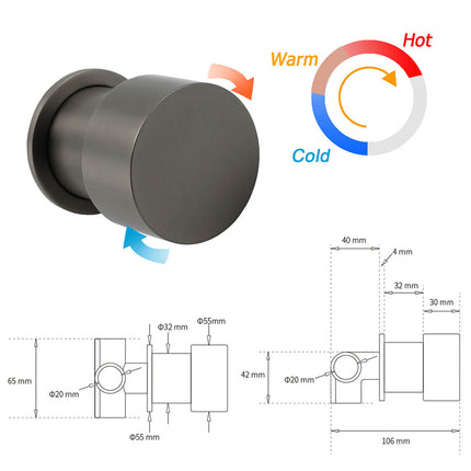Gun Metal Round 1/4 Knob Handle Wall Mounted Shower Hot Cold Water Mixer Tap Kit.