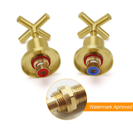 Brushed Gold Shower 1/4 Turn Twin Taps Basin Bath Spout Hot Cold Water Mixer Set.