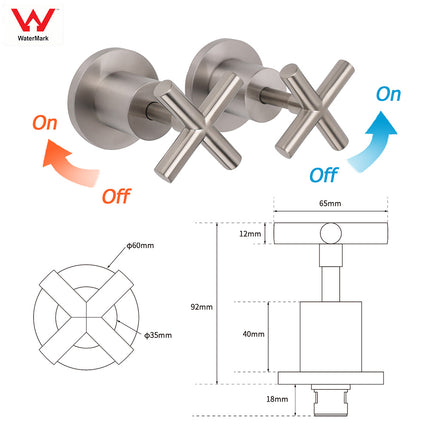 Brushed Nickel 1/4 Turn Twin Shower Taps Set Hot Cold Water Control Vanity Mixer.