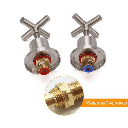 Brushed Nickel 1/4 Turn Twin Shower Taps Set Hot Cold Water Control Vanity Mixer.
