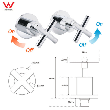 Mirror Chrome 1/4 Turn Twin Taps Hot Cold Water Control Mixer For Bath Spout Set.