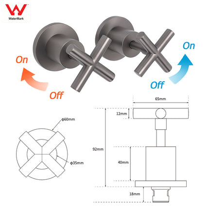 Gun Metal Shower 1/4 Turn Twin Taps Pair Bath Spout Hot Cold Water Mixer Valve.
