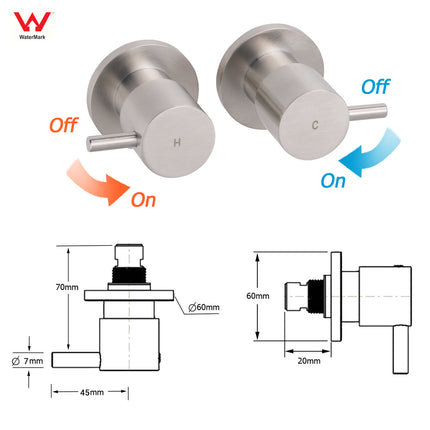 Brushed Nickel Wall Mounted 1/4 Turn Twin Shower Taps Set Hot Cold Water Valve.