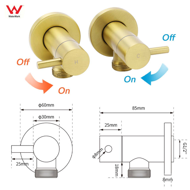 Watermark Brushed Gold Round Washing Machine 1/4 Turn Hot Cold Twin Taps Set.