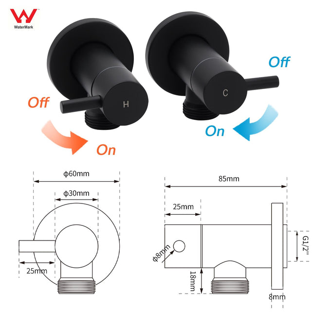 Black Washing Machine 1/4 Turn Twin Taps Laundry Room Hot Cold Water Wall Set.