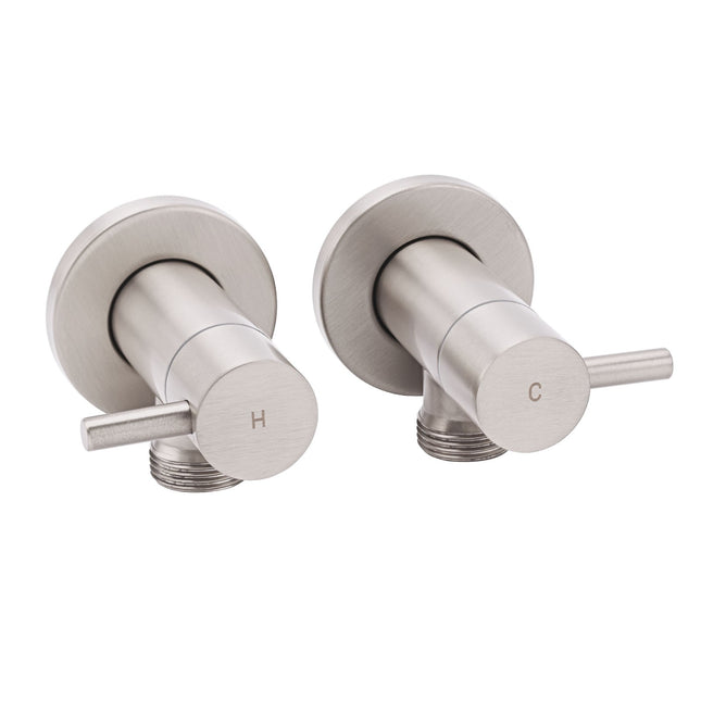Brushed Nickel 1/4 Turn Twin Washing Machine Tap Set Wall Mounted Hot Cold Valve.