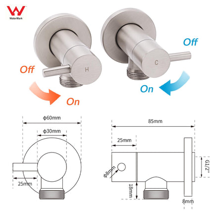 Brushed Nickel 1/4 Turn Twin Washing Machine Tap Set Wall Mounted Hot Cold Valve.