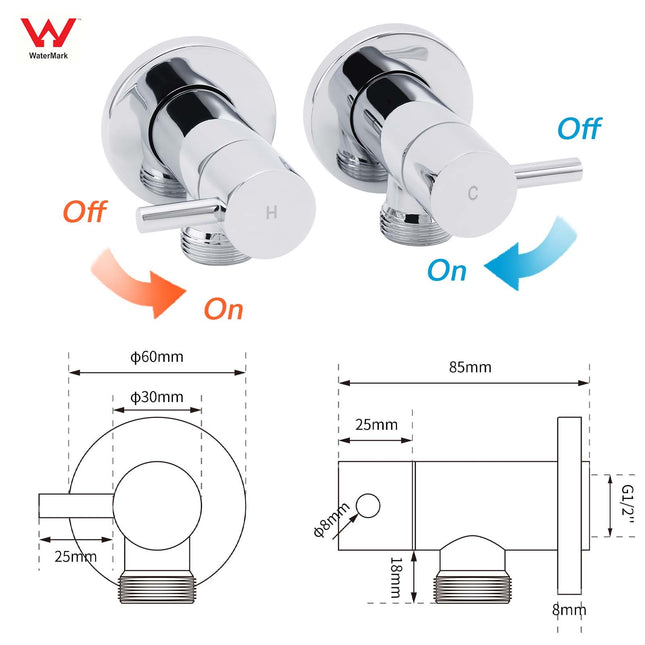Chrome Round Wall Mounted 1/4 Turn Hot Cold Tap Pair Set For Washing Machine.