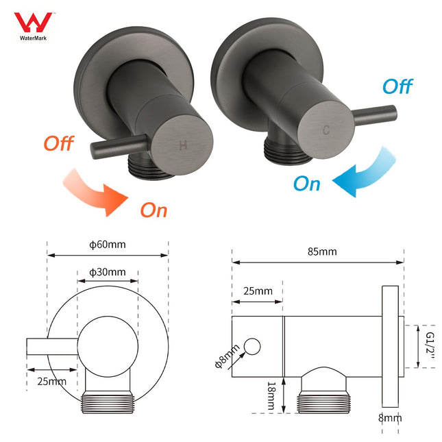 Gun Metal Grey Washing Machine 1/4 Turn Hot Cold Water Mixer Tap Set Watermark.