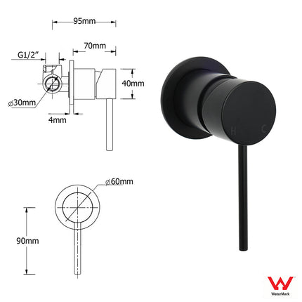 Watermark Matt Black Round Bath Shower Mixer Valve Hot Cold Water Tap Small Face.