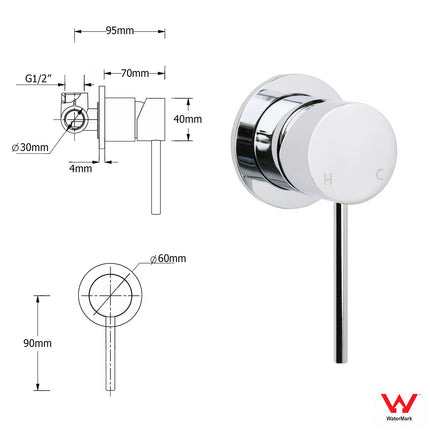 Bathroom Chrome Round Pin Lever Handle Hot Cold Water Tapware Shower Mixer Valve.