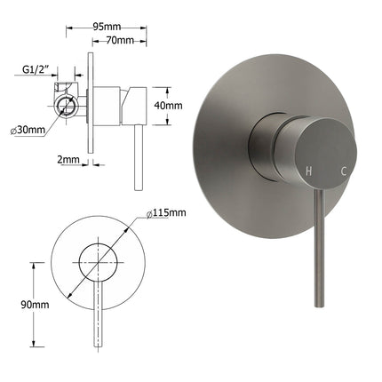 Watermark Gun Metal Grey Round Bathroom Shower Hot Cold Mixer Ceramic Cartridge.