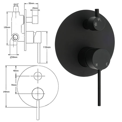 Stainless Steel Black Round Shower Mixer Diverter Lead Free Healthy For Bath Set.