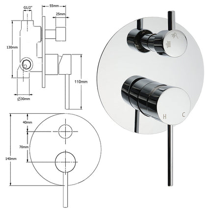 OZ Chrome Round Stainless Steel Shower Mixer 2 Way Switch Diverter For Bath Set.