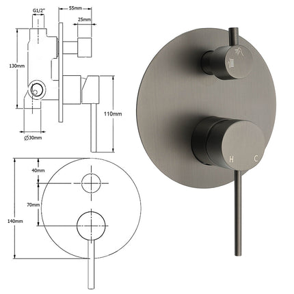 Gun Metal Gray Round Shower Mixer 2 Way Diverter For Bath Twin Shower Watermark.