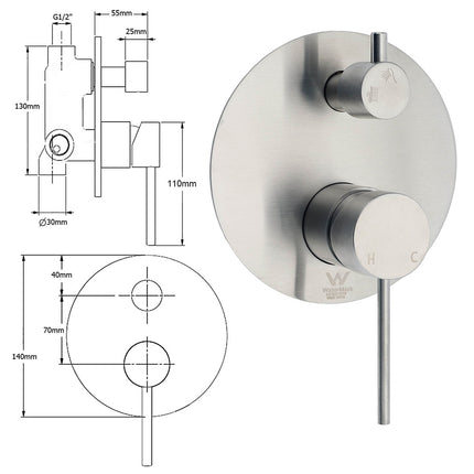 AU Round Stainless Steel Shower Mixer Diverter Brushed Nickel For Bathroom Sets.
