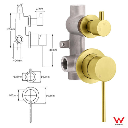 Concealed Round Brushed Gold Wall Shower Mixer 2 Way Diverter Valve For Bathroom.
