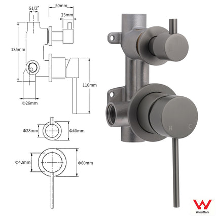 Small Face Gun Metal Gray Round Shower Mixer 2 Way Switch Diverter For Combo Set.