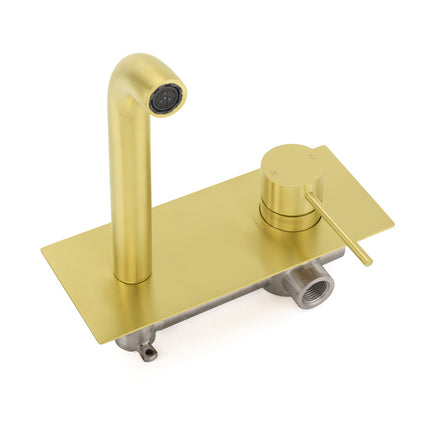 Brushed Gold Round Wall Mounted Basin Mixer Vanity Sink Tap Faucet Curve Spout.