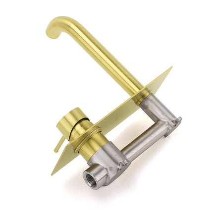Brushed Gold Round Wall Mounted Basin Mixer Vanity Sink Tap Faucet Curve Spout.