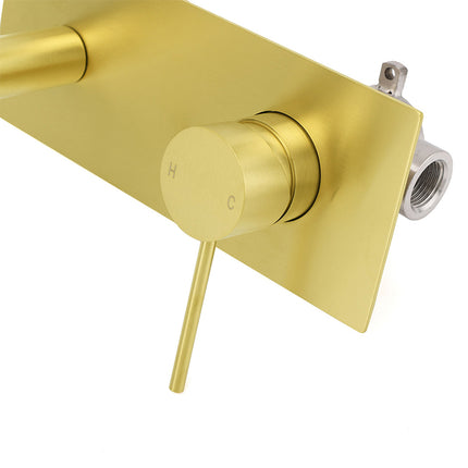 Brushed Gold Round Wall Mounted Basin Mixer Vanity Sink Tap Faucet Curve Spout.