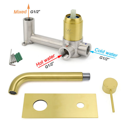 Brushed Gold Round Wall Mounted Basin Mixer Vanity Sink Tap Faucet Curve Spout.