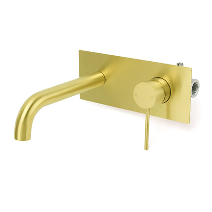 WELS Bathroom Round Wall Basin Mixer Vanity Sink Tap Spout Faucet Brushed Gold.