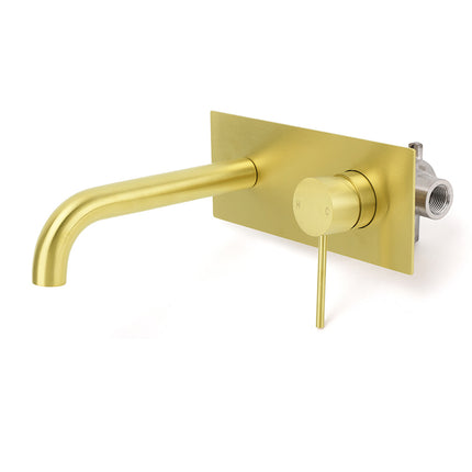 WELS Bathroom Round Wall Basin Mixer Vanity Sink Tap Spout Faucet Brushed Gold.