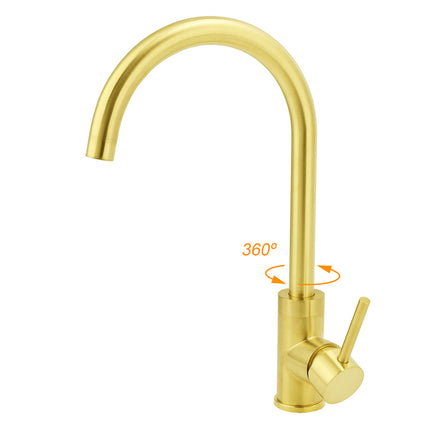 Brushed Gold Round Kitchen Mixer Sink Tap 360° Swivel Laundry Basin Faucet Spout.