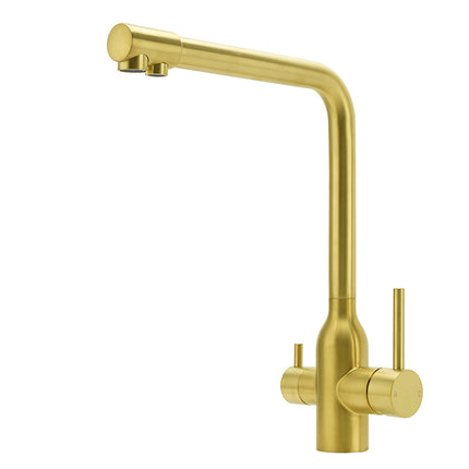 WELS Brushed Gold 3 Ways Kitchen Mixer Tap Swivel Spout Pure Water Sink Faucet Set.