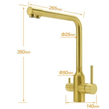 WELS Brushed Gold 3 Ways Kitchen Mixer Tap Swivel Spout Pure Water Sink Faucet Set.
