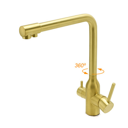 WELS Brushed Gold 3 Ways Kitchen Mixer Tap Swivel Spout Pure Water Sink Faucet Set.