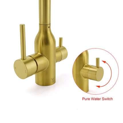WELS Brushed Gold 3 Ways Kitchen Mixer Tap Swivel Spout Pure Water Sink Faucet Set.