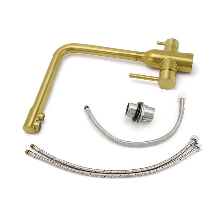 WELS Brushed Gold 3 Ways Kitchen Mixer Tap Swivel Spout Pure Water Sink Faucet Set.