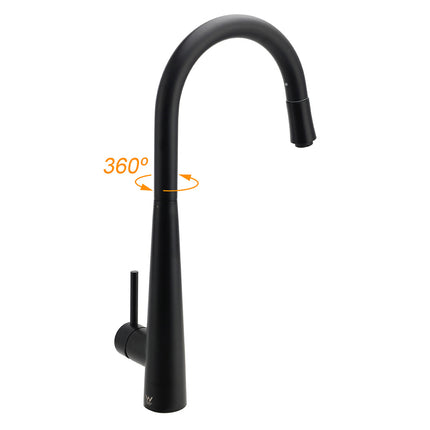 Matt Black Pull Out Long Hose Kitchen Sink Tap Round Basin Mixer Faucet Spout.