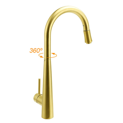 Round Brushed Gold Pull Out Kitchen Sink Tap Basin Mixer Faucet Flexible Spout.