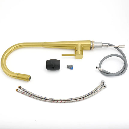 Round Brushed Gold Pull Out Kitchen Sink Tap Basin Mixer Faucet Flexible Spout.