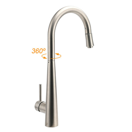 Brushed Nickel Silver Round Pull Out Kitchen Sink Tap Mixer Faucet Spout Outlet.