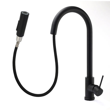 Matt Black Round Pull Out Down Kitchen Sink Tap Laundry Basin Mixer 2 Way Spout.