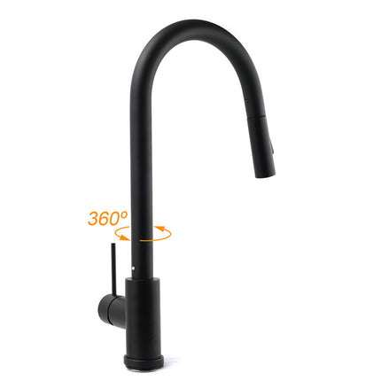 Matt Black Round Pull Out Down Kitchen Sink Tap Laundry Basin Mixer 2 Way Spout.