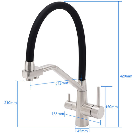 Brushed Nickel 3 Way Pull Down Kitchen Mixer Pure Drinking Water Sink Tap Spout.