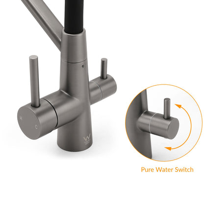 NEW Gun Metal Grey 3-Way Drink Pure Water Kitchen Mixer Pull Out Spout Sink Tap.
