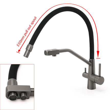 NEW Gun Metal Grey 3-Way Drink Pure Water Kitchen Mixer Pull Out Spout Sink Tap.