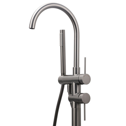 Gun Metal Bathtub Mixer Tap Free Standing Faucet Spout With Handheld Shower Set.