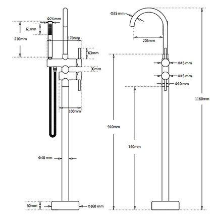 Gun Metal Bathtub Mixer Tap Free Standing Faucet Spout With Handheld Shower Set.